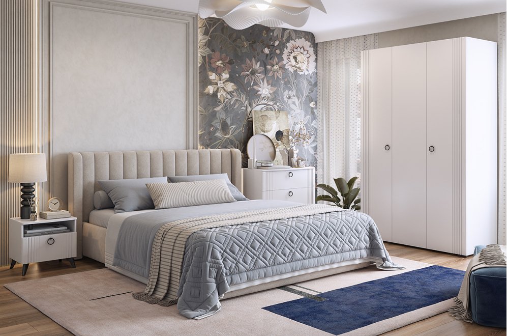 Спальный гарнитур Ева К1 белое дерево / белый матовый / крем велюр